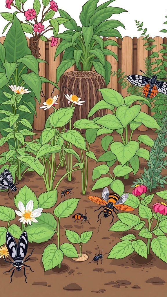A colorful garden with various plants and insects, illustrating companion planting for pest control.