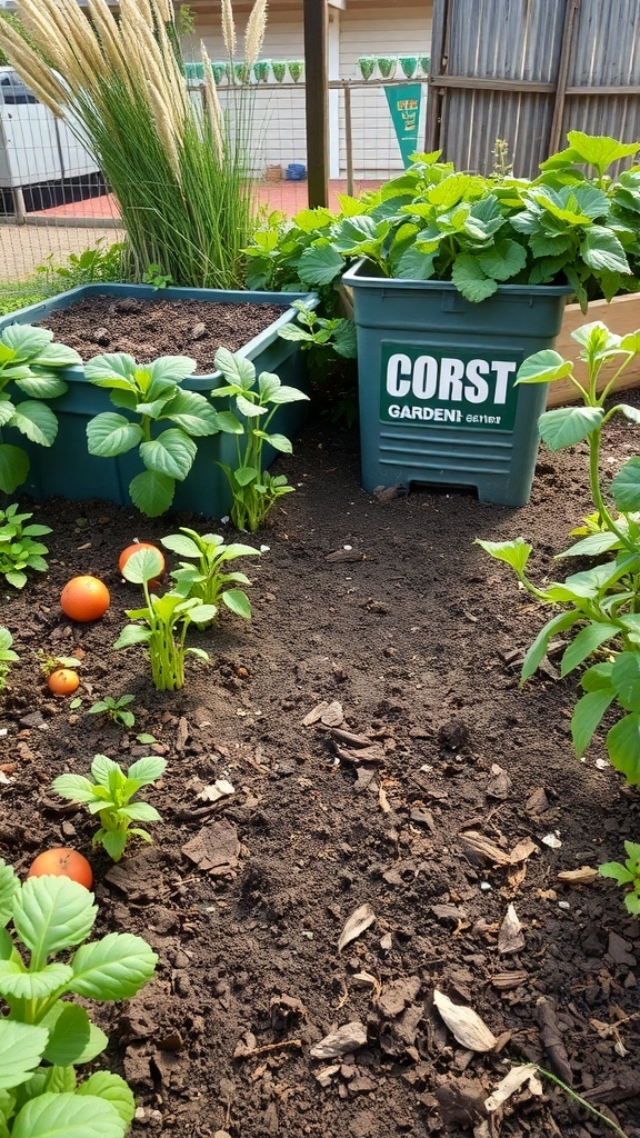 A compost garden bed with a compost bin and various plants including tomatoes and leafy greens.