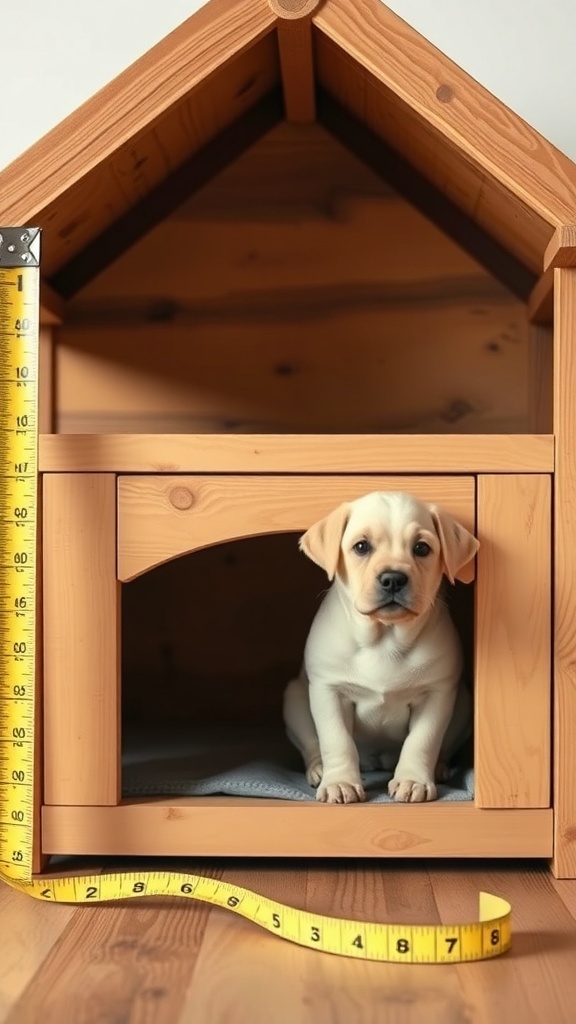 A puppy sitting inside a wooden dog house with a measuring tape in front.