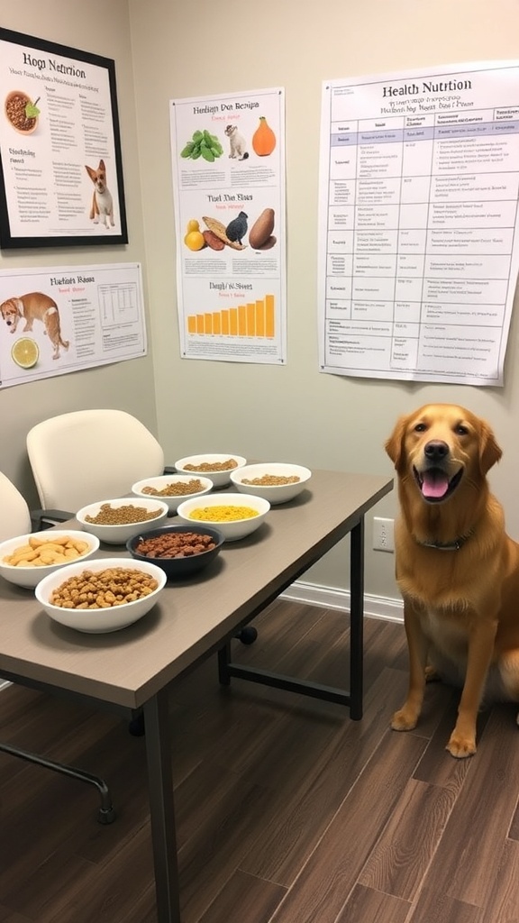 A vet consulting with a dog owner about dog food recipes.