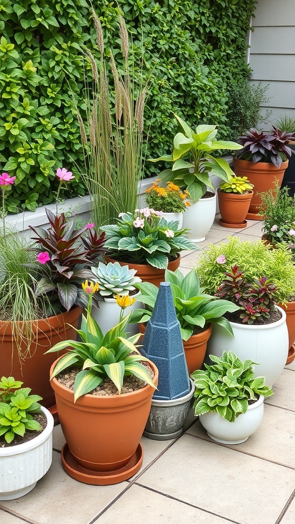 A collection of colorful potted plants in various sizes and shapes, arranged on a patio.