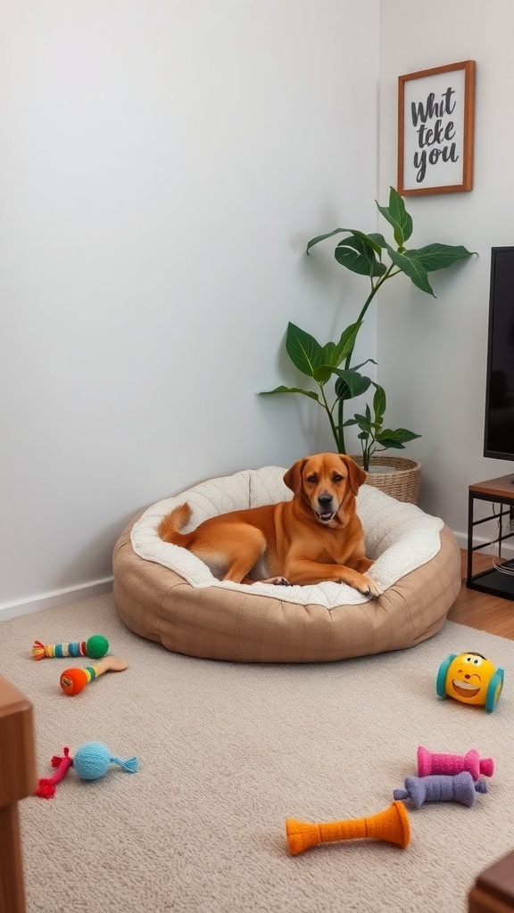 A cozy dog nook featuring a dog bed, colorful toys, and a plant in a living room.