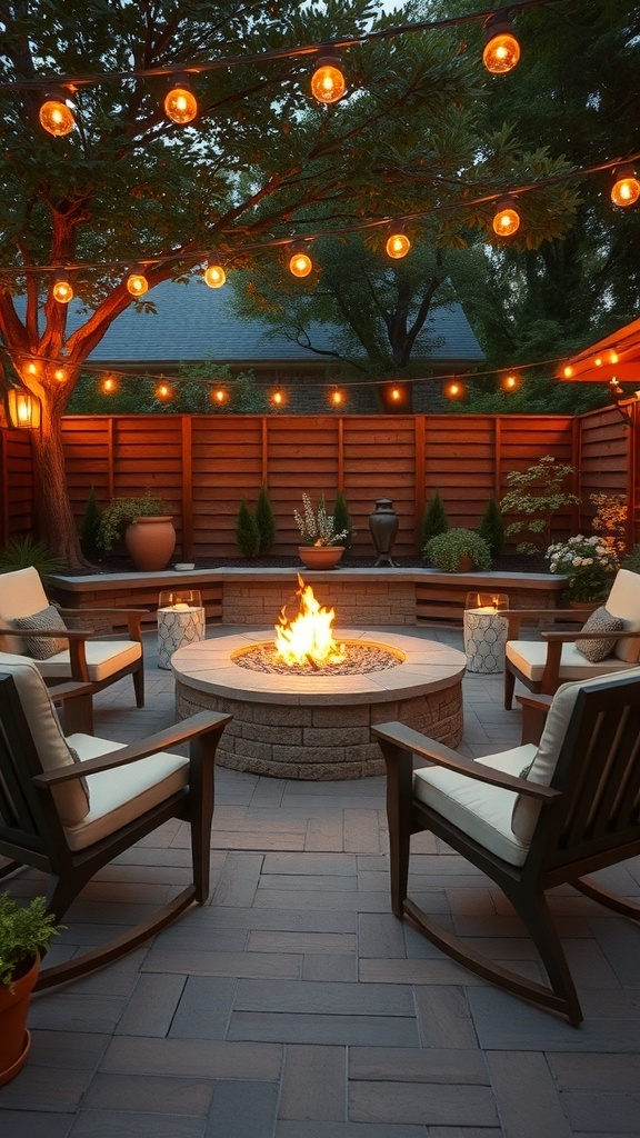 Cozy fire pit seating arrangement with chairs, cushions, and string lights.