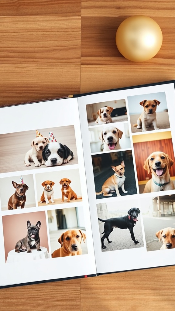 A dog birthday photo album open on a wooden table, showcasing various pictures of dogs celebrating with party hats and playful expressions.