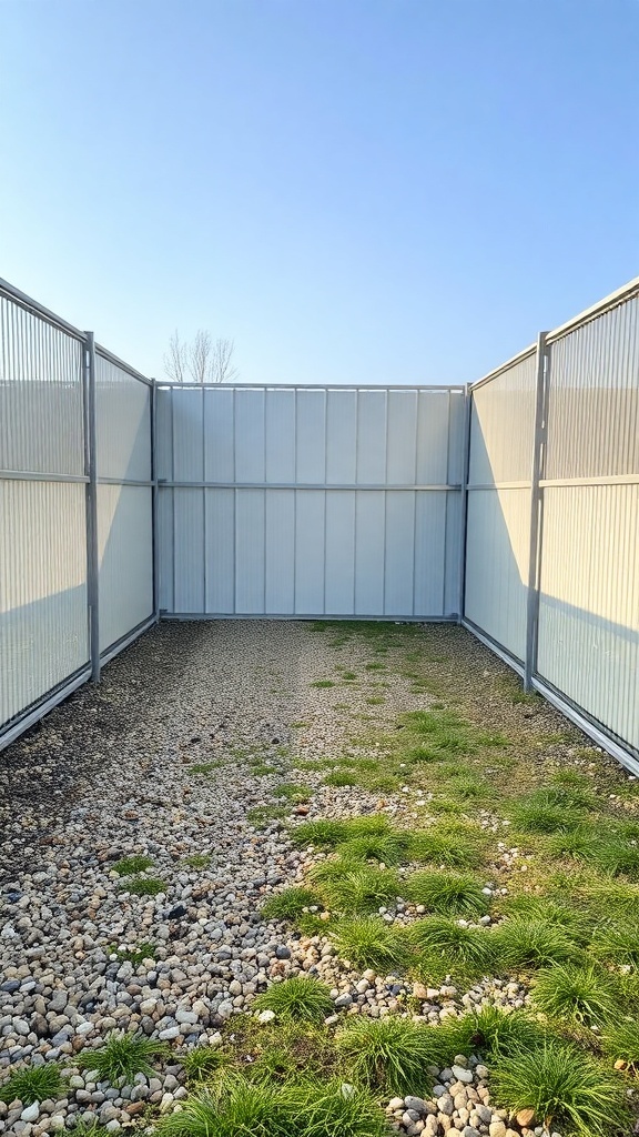 A dog run area with gravel and patches of grass, enclosed by fencing.