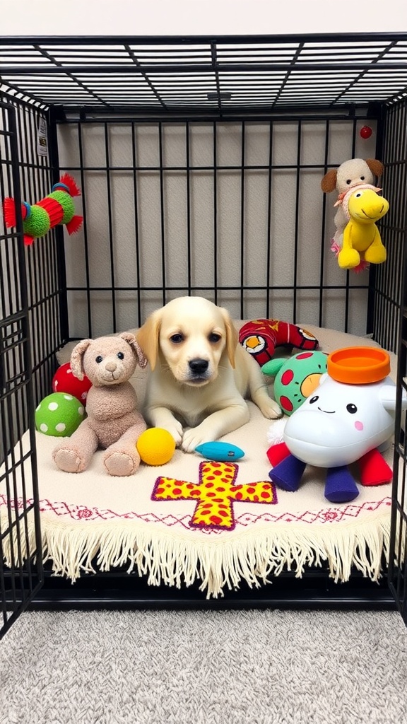 A cozy dog crate with a dog, colorful toys, and a soft blanket.