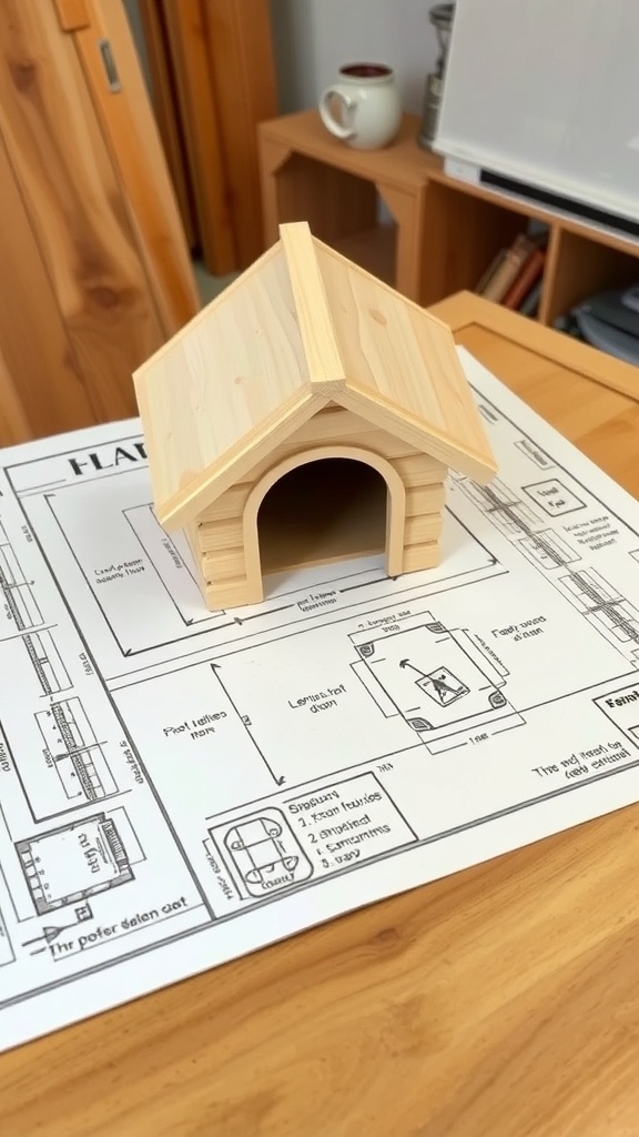 A small wooden dog house on a blueprint for a DIY dog house project.