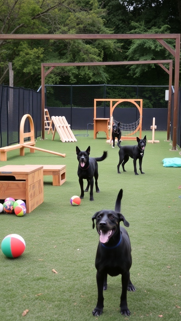 A dog run with various toys and obstacles, featuring several dogs playing.