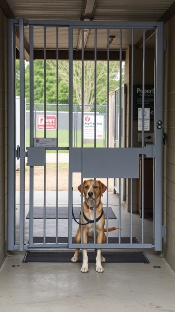 A dog sitting in front of a secure gate leading to an outdoor area.