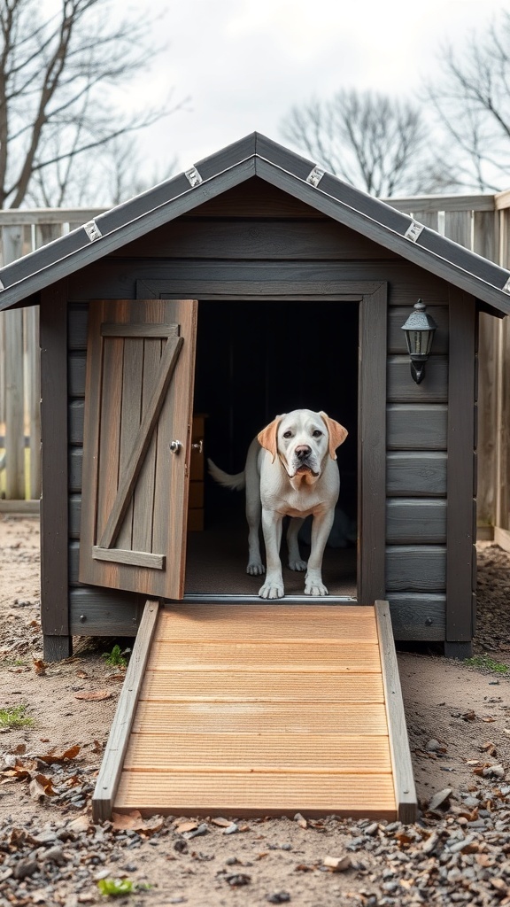 A dog standing at the entrance of a wooden dog house with a ramp.