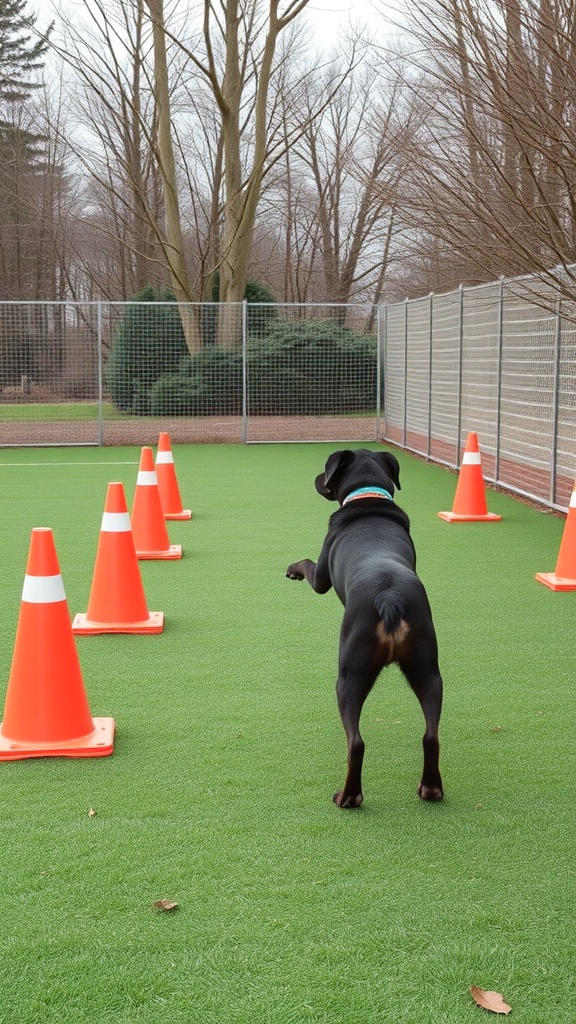 A dog training area with orange cones and green turf, featuring a dog looking towards the cones.