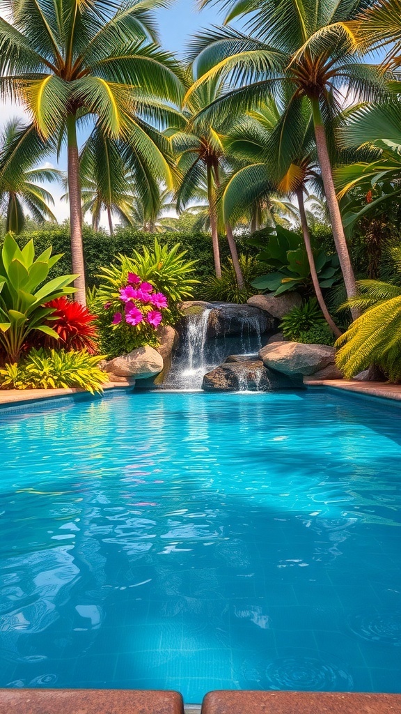 A tropical pool landscape featuring palm trees, colorful flowers, and a waterfall.