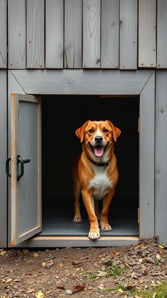 A happy dog standing in the doorway of a wooden kennel, showcasing an easy access door.