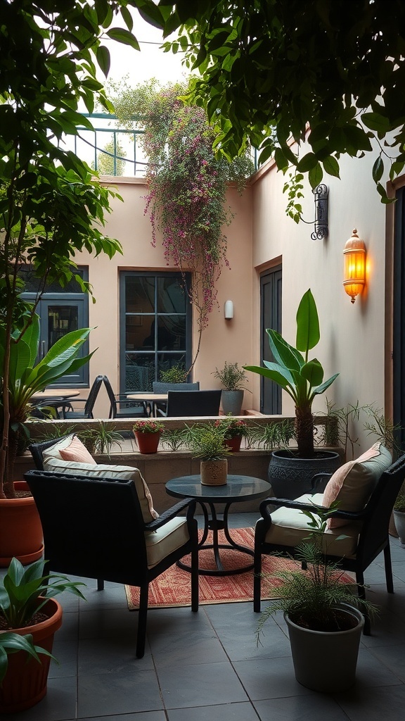 Cozy seating area in a small patio garden with plants and warm lighting