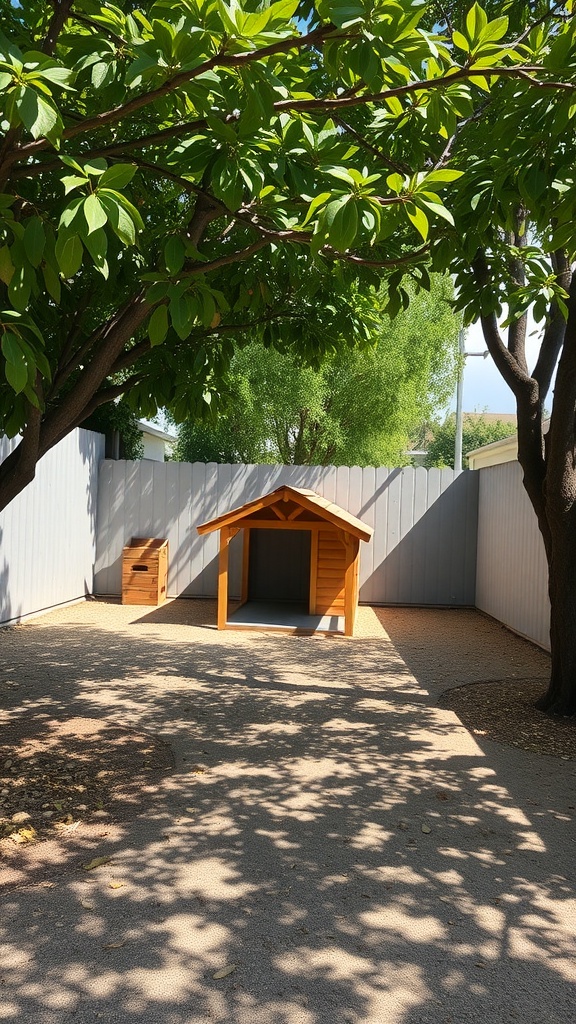 A shaded outdoor dog area with a wooden dog house and trees providing cover.