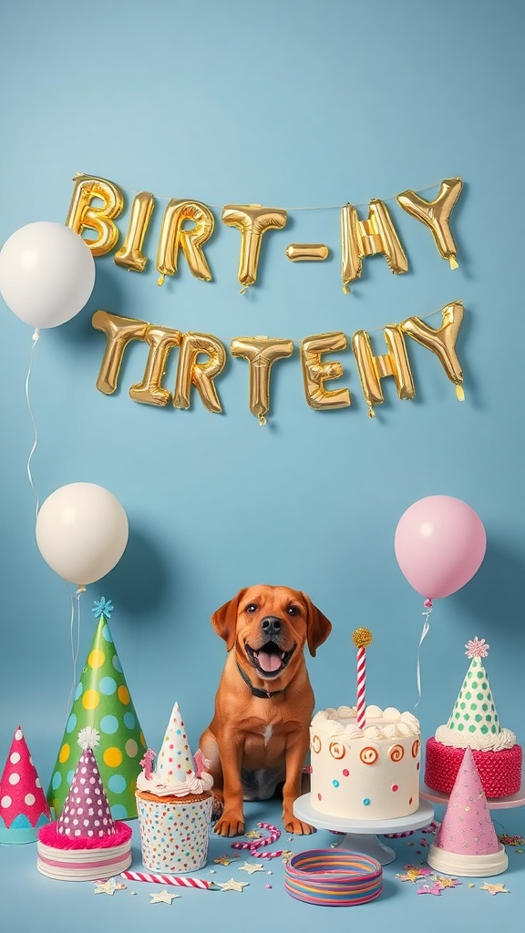A cheerful dog sitting in front of a birthday setup with colorful decorations, balloons, and a cake.