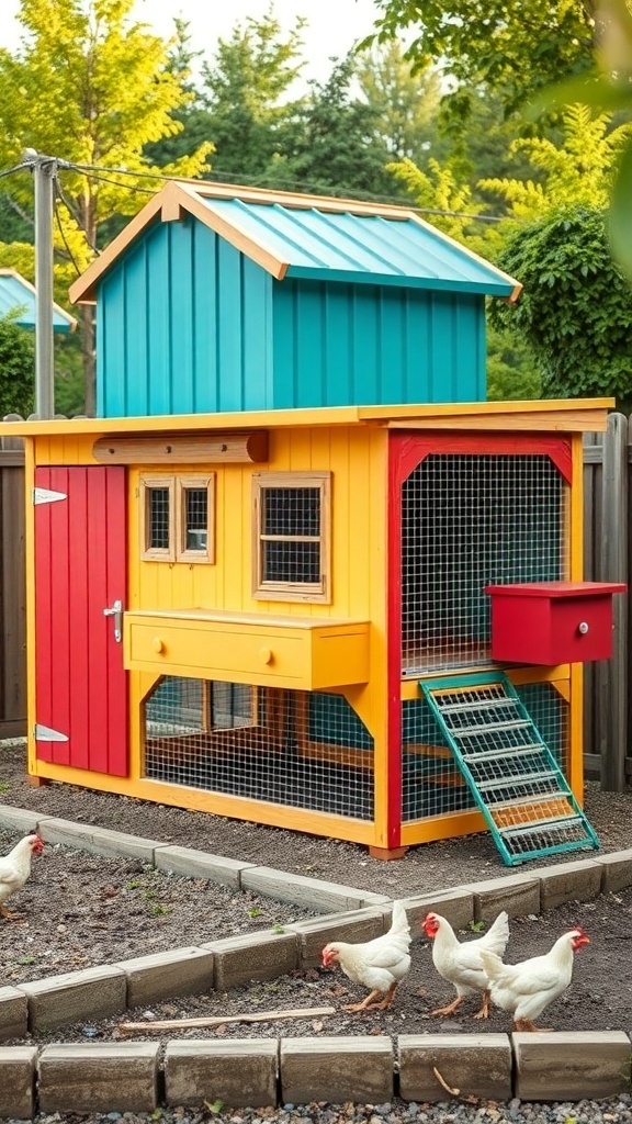 A colorful modular chicken coop with a ramp and chickens in the foreground.