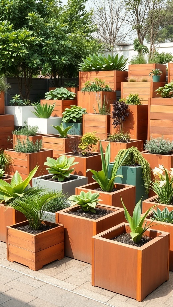 A variety of customizable modular planters filled with different plants, showcasing creative garden design.
