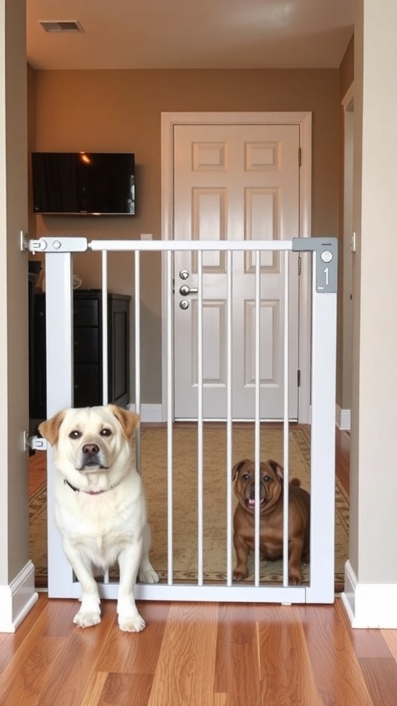 A dog sitting in front of a white dog gate in a home setting.