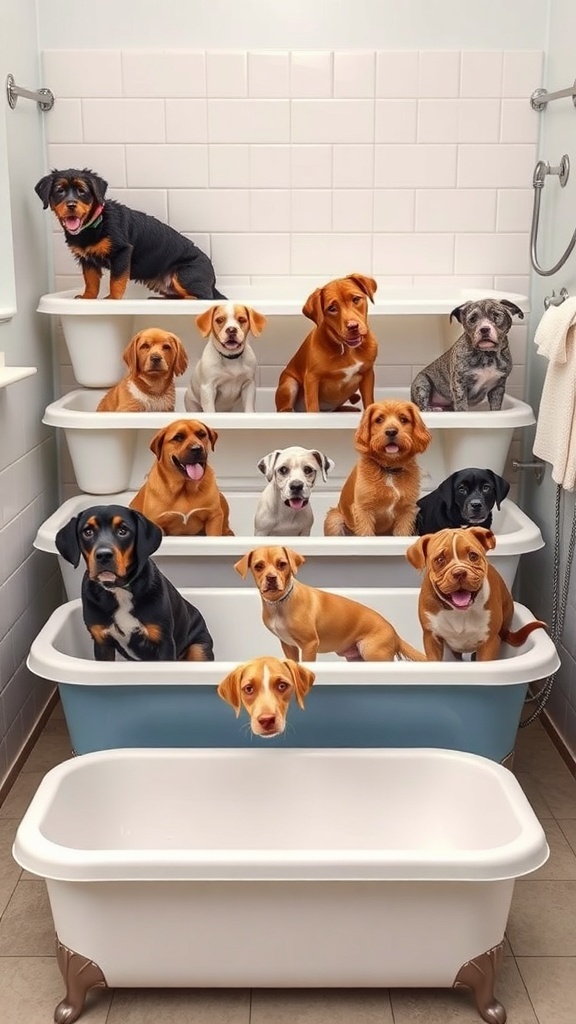 A variety of dogs in a homemade bath tub setup, showcasing different sizes and breeds.
