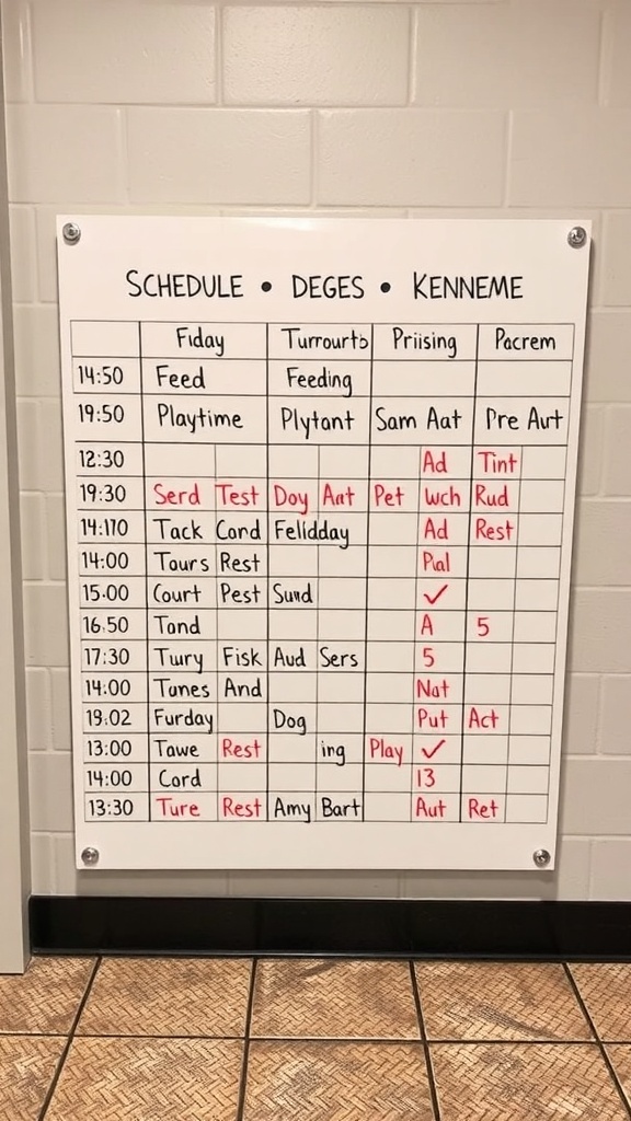 Schedule for dog boarding activities including feeding, playtime, and rest periods.