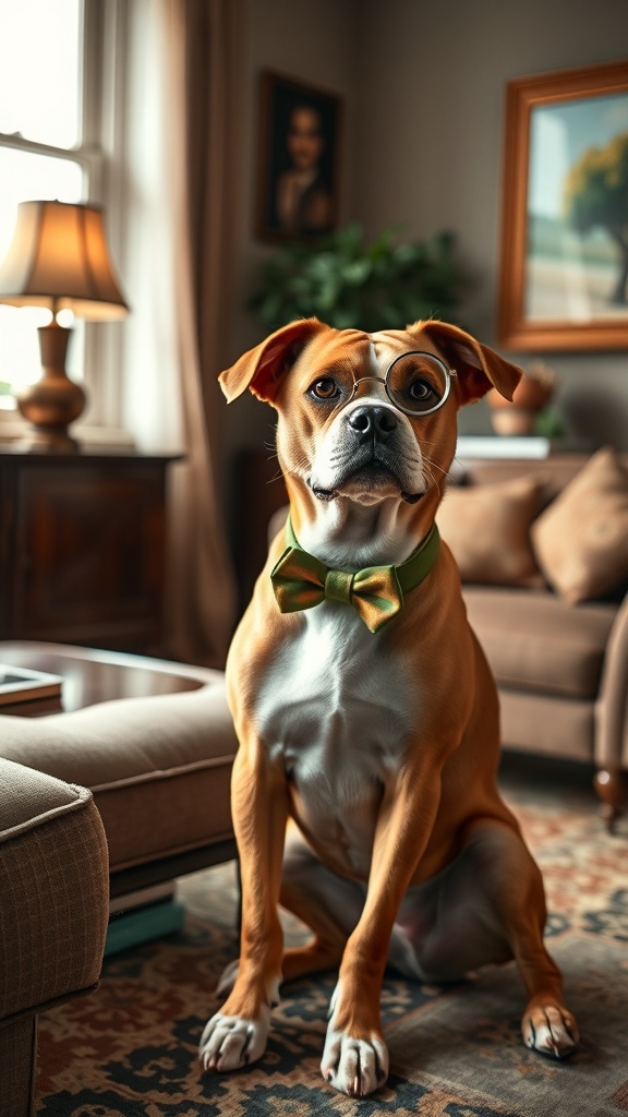 A dog wearing glasses and a bow tie, sitting in a stylish living room.