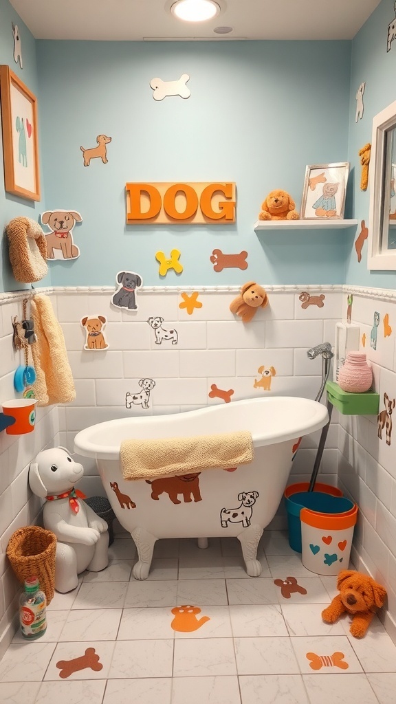 A colorful and playful dog bath area decorated with dog-themed items.