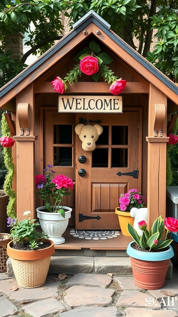 A charming dog house decorated with flowers, a welcome sign, and a teddy bear.