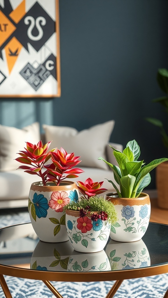 Three decorative ceramic planters with colorful floral designs, displaying indoor plants on a table.
