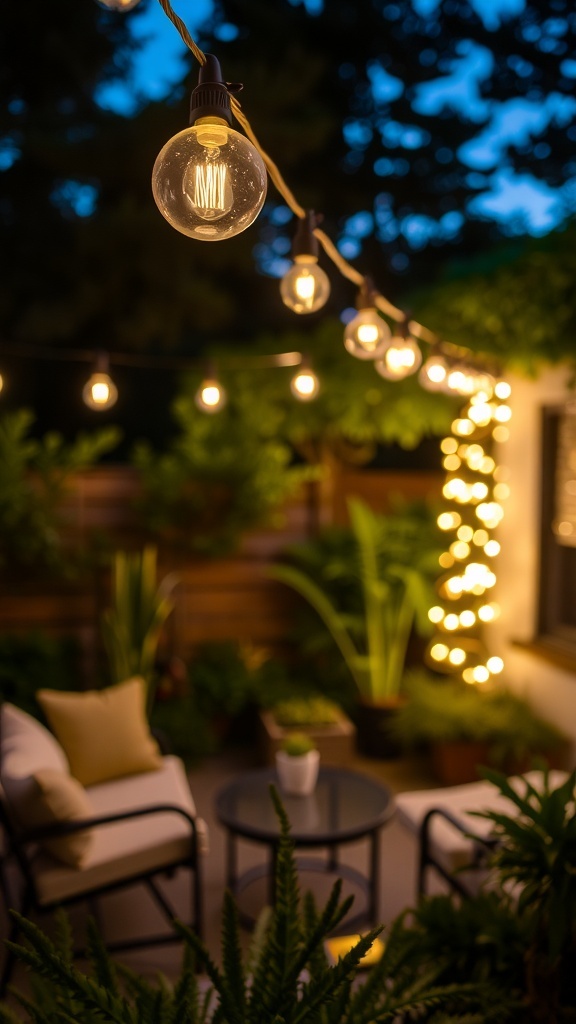 A cozy patio with string lights illuminating a gathering of friends.