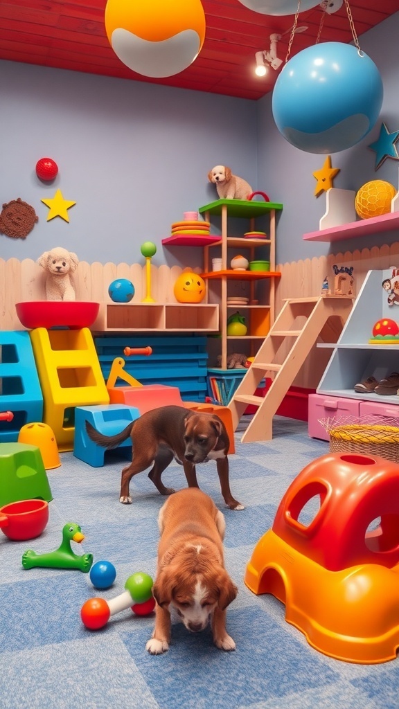 A colorful dog playroom filled with toys and two dogs exploring.