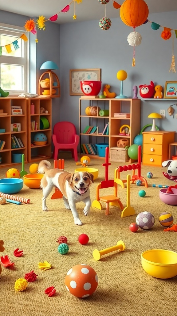 A colorful dog playroom filled with toys and a happy dog.
