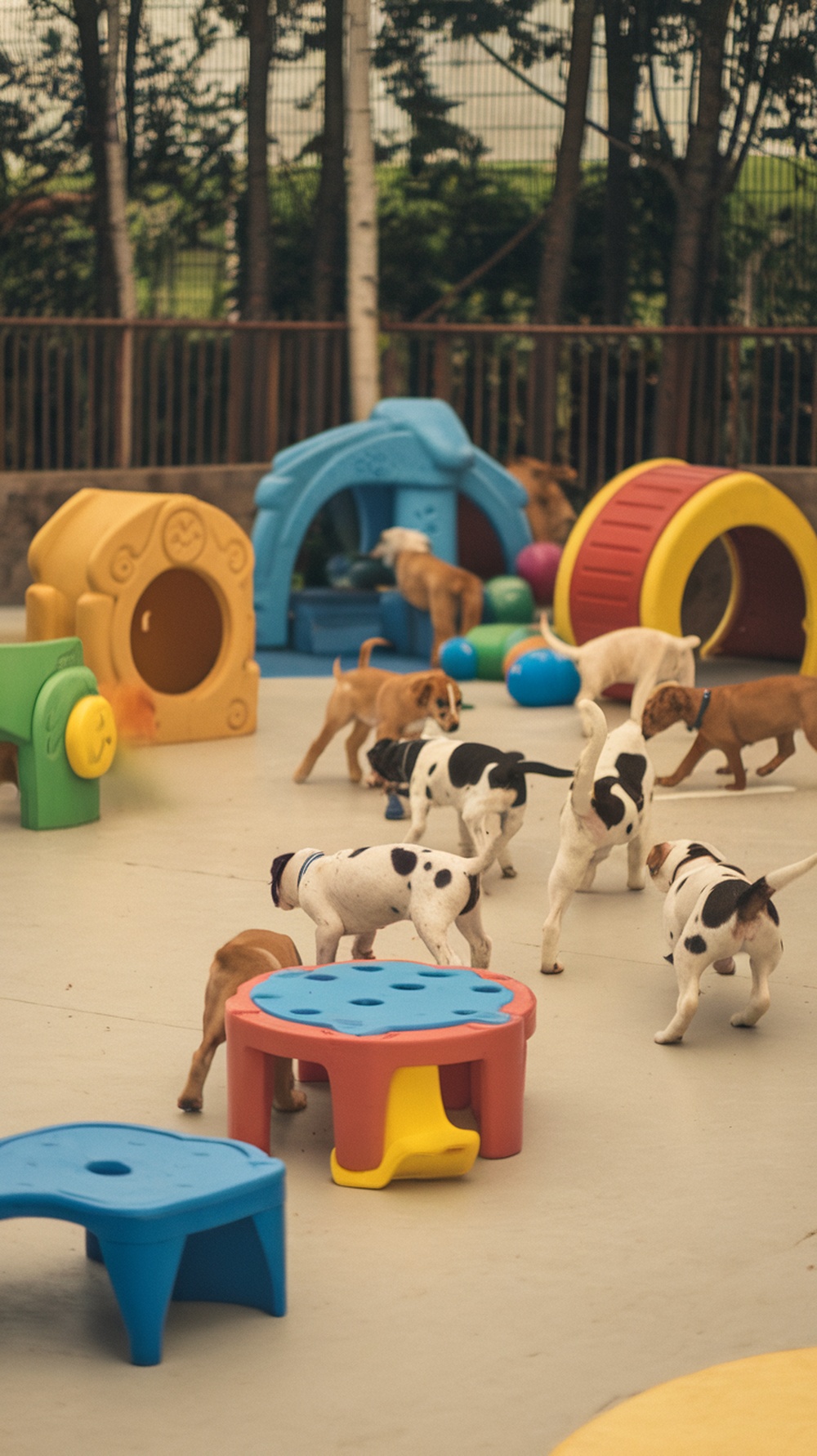 A colorful puppy play area with various toys and structures, filled with playful puppies.