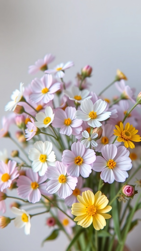 A vibrant bouquet of wild flowers featuring pink, white, and yellow blooms.