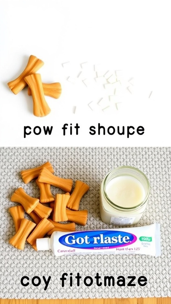 Homemade dog toothpaste ingredients including baking soda, coconut oil, and peanut butter.