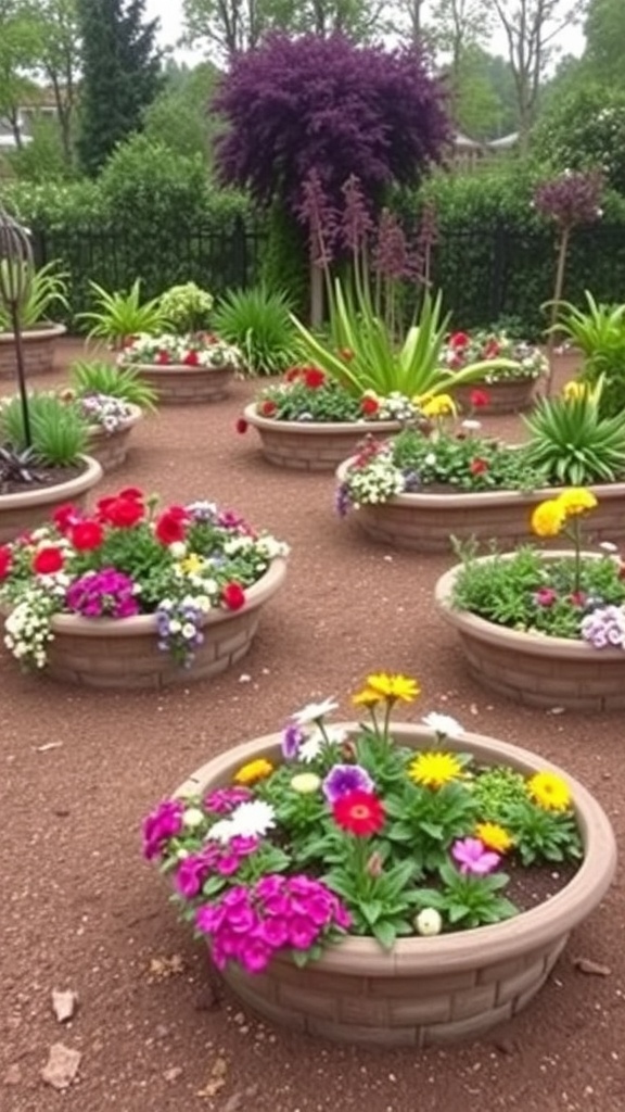 Colorful raised flower beds filled with various flowers in a garden setting.