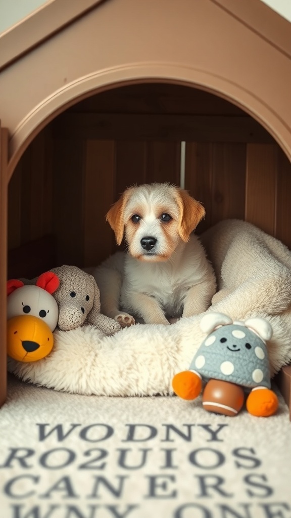 A cozy dog house interior with a small dog and plush toys.