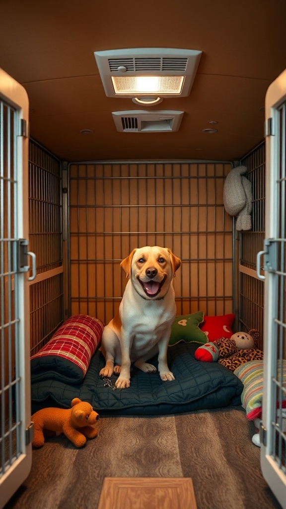 A happy dog sitting in a cozy kennel with soft bedding and toys.