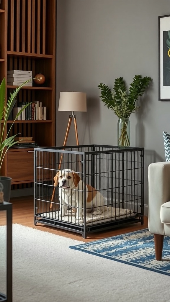 A stylish dog crate in a modern living room with a dog inside.
