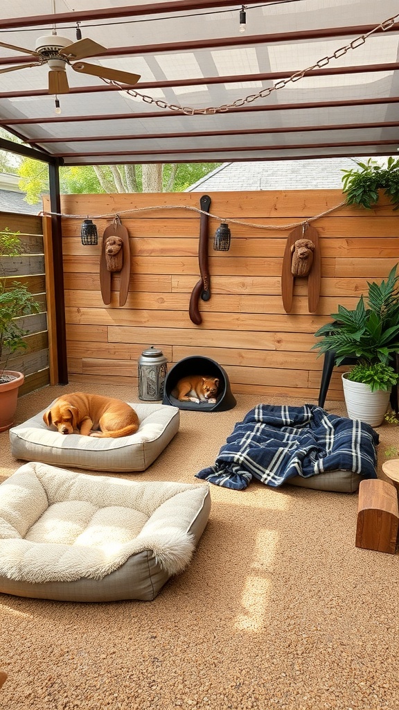 A cozy outdoor dog area with dog beds, a fan, and decorative wooden elements.