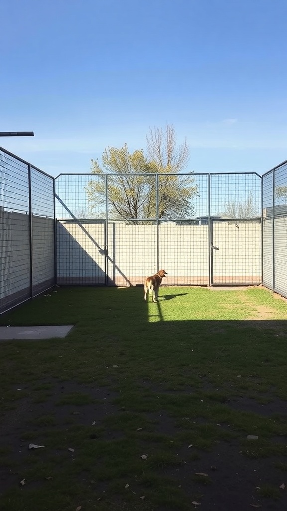 A fenced outdoor area for dogs with a grassy surface and a dog standing inside.