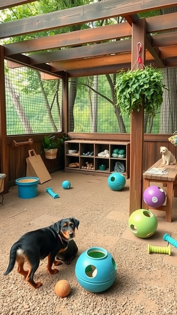 A cozy outdoor dog area with colorful toys, a dog, and natural surroundings.