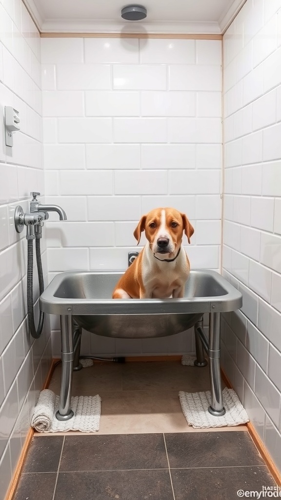 A dog sitting in a homemade bath tub designed for easy bathing.