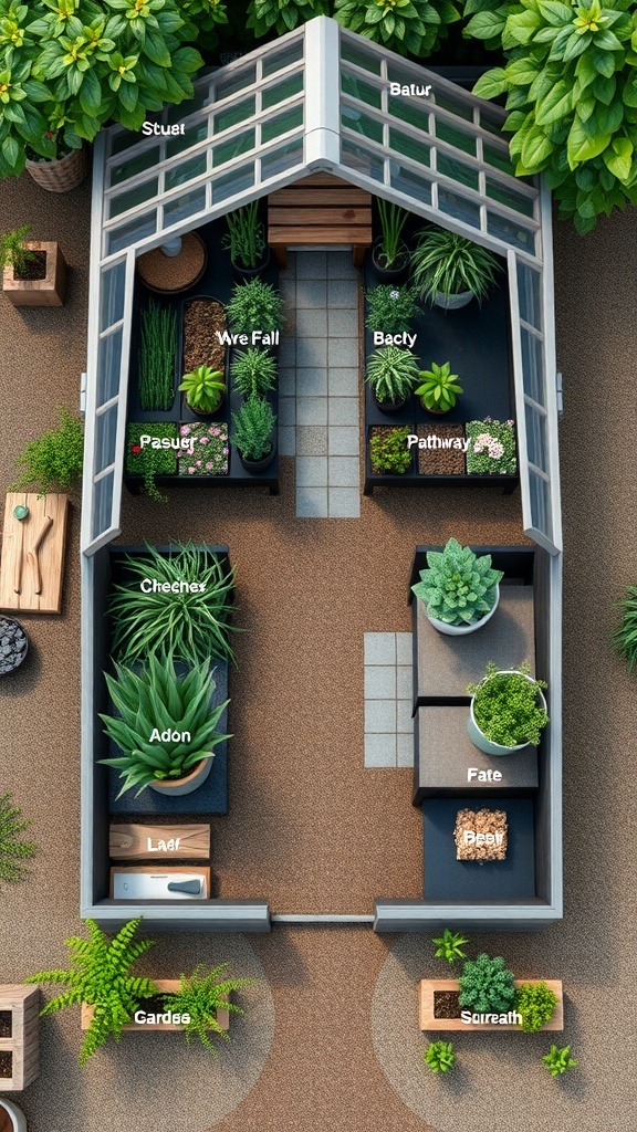 A top-down view of a greenhouse layout with labeled sections for different plants and a central pathway.