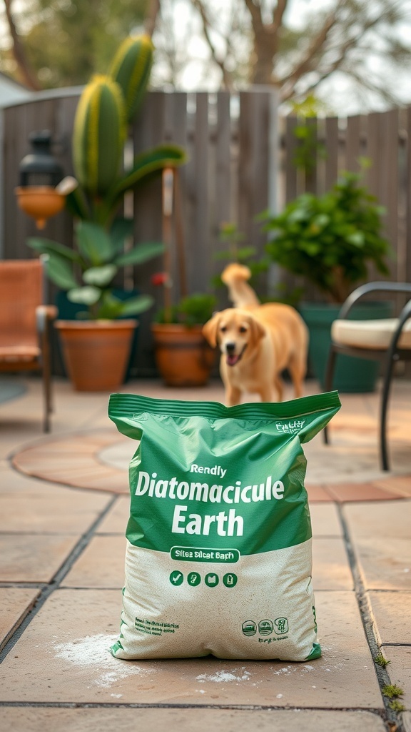 A bag of diatomaceous earth on a patio with a dog in the background.