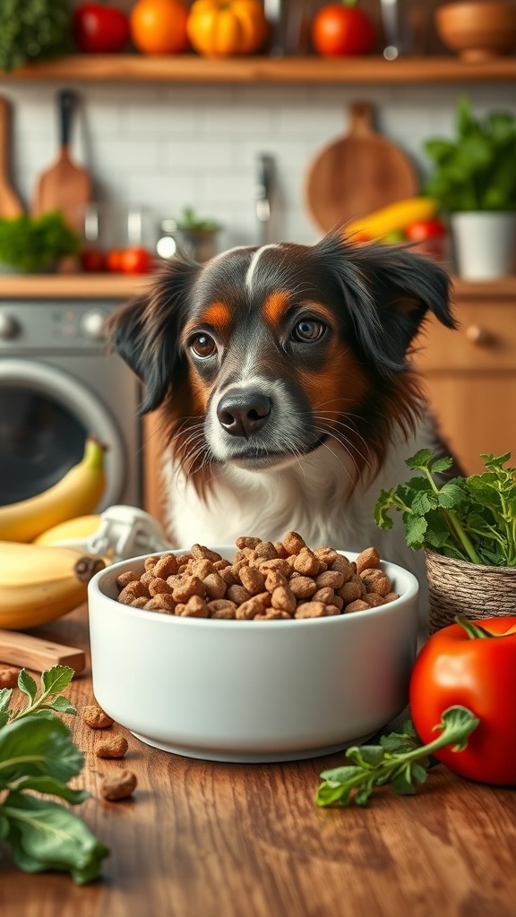 A dog looking at a bowl of kibble surrounded by fresh fruits and vegetables in a kitchen setting.