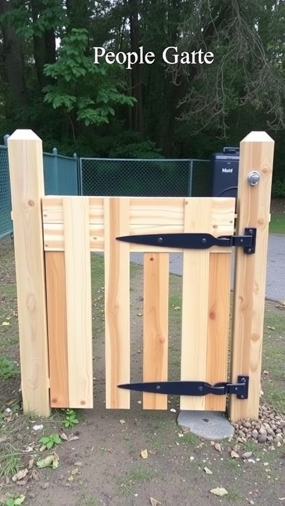 A wooden gate for a dog run with vertical slats and a secure latch.