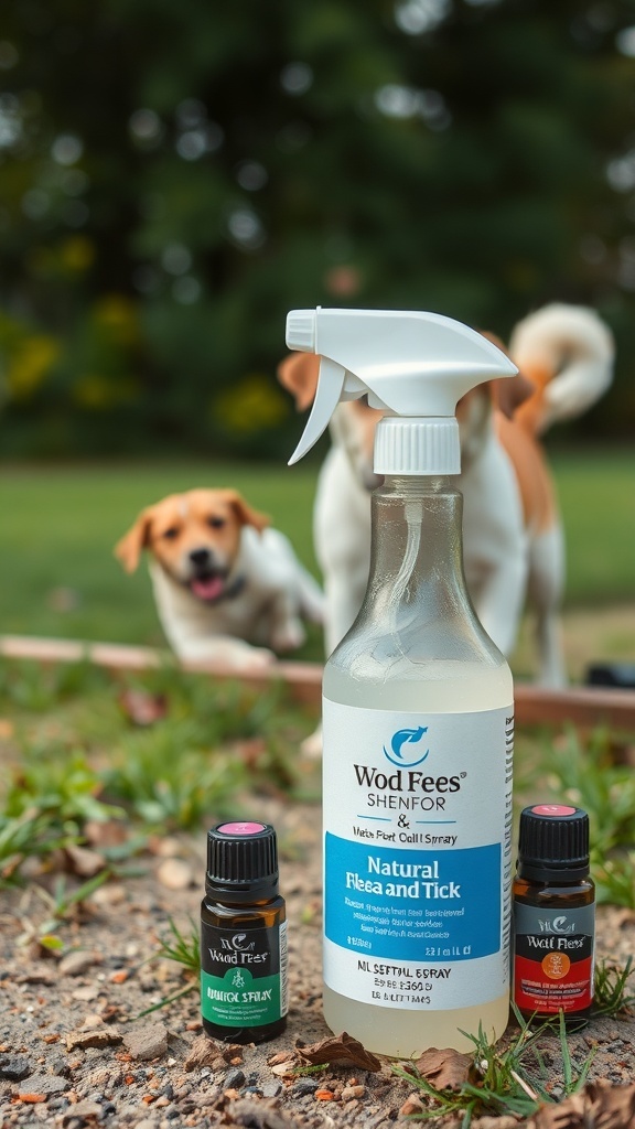A spray bottle labeled 'Natural Flea and Tick' with essential oils, set against a grassy background with dogs playing.