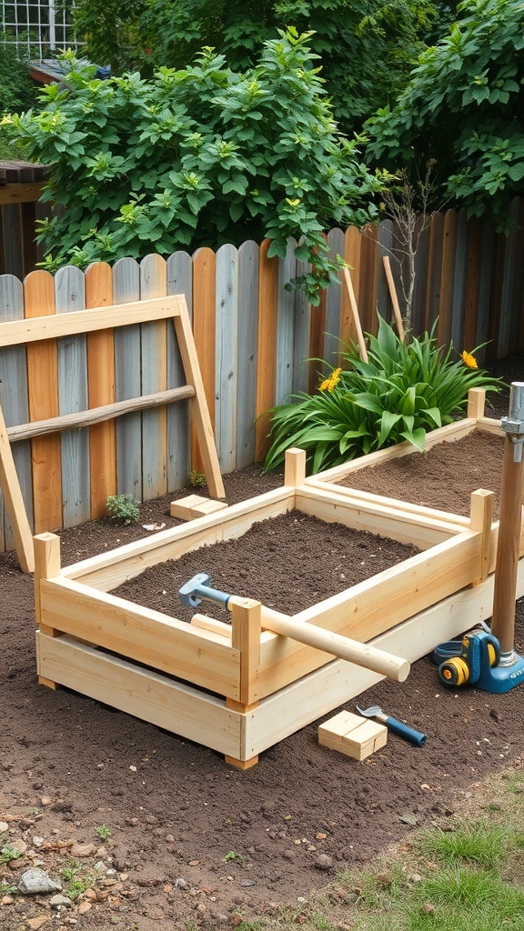 A wooden raised flower bed under construction, filled with soil, surrounded by greenery and a wooden fence.