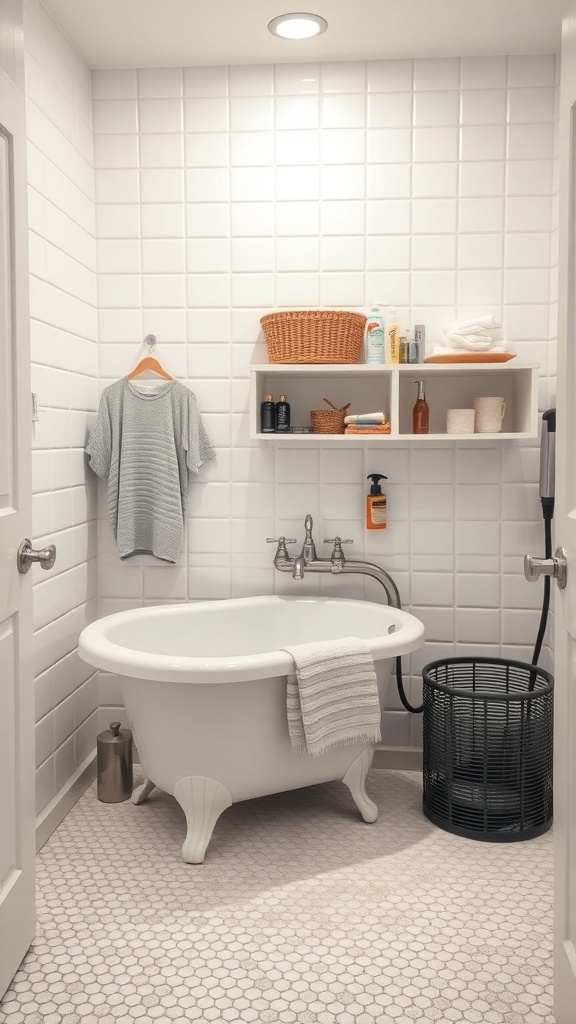 A stylish dog bathing station in a laundry room featuring a white clawfoot tub, shelves with dog care products, and a clean tiled wall.